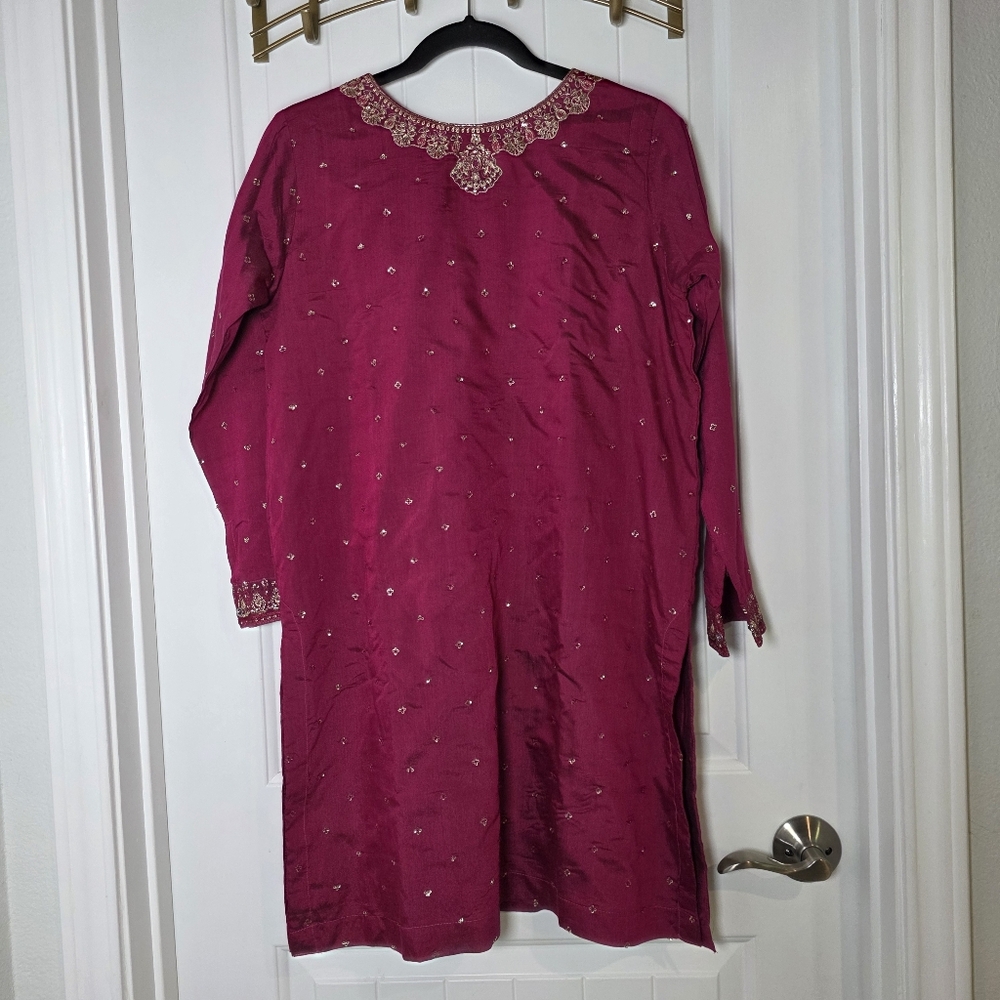 NEW 3 Piece Pakistani Desi Cotton Silk Magenta Women's Embroidered Outfit Medium - Picture 2 of 9
